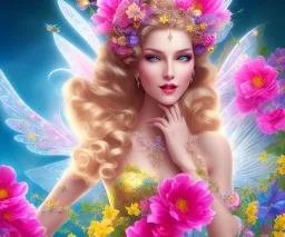 beautiful bright fairy portrait who smiles with long hair, thin face, two hands, two transparent wings on her back in a pink,blue, yellow flowers background,