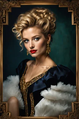 Hollywood photo Rembrandt perfect green eyes, bright red lips, blonde hair, front face, front look, full pose, fantastic face, Caucasian, beautiful look, detailed elegant gold and red dress, Victorian black formal dress, elegant hair up, indigo tones background, ultra focus, illuminated face, detailed face, 8k resolution, sharp focus, studio photo, intricate details, highly detailed