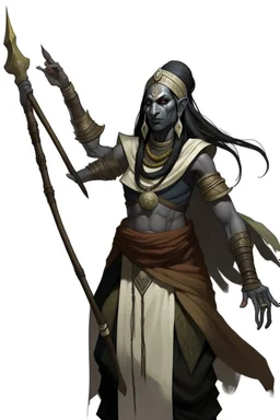 Ahs genasi from dnd with ashesen skin and asian flowing hair on head holding a spear in Monk attire with ash giant