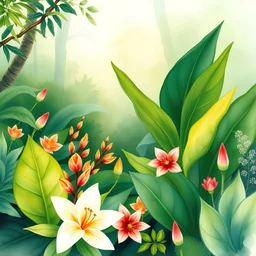 Watercolor of tropical spring floral green leaves and flowers, an enchanted scene where flora comes alive with vibrant colors and textures, set in a misty forest bathed in the soft glow of dawn, mood is magical and whimsical, filled with a sense of wonder and awe, painting style reminiscent of an impressionist work, with soft, flowing brush strokes, and a dreamy quality, creating a sense of depth and dimension, an artistic interpretation that celebrates the beauty and mystery of the natural worl