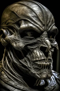 sculpture of dark side of a he man with iron mask . Scary face , decayed and rotting with grotesque proportions and imagery. abstract grotesqueries, detailed texture, surreal horror, biomechanical design, by hr giger and beksinski