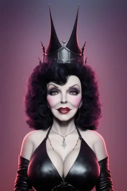 Joan Collins as evil queen in black leather, leather, busty, cleavage, angry, stern look. character design by cory loftis, fenghua zhong, ryohei hase, ismail inceoglu and ruan jia. unreal engine 5, artistic lighting, highly detailed, photorealistic, fantasy