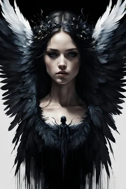 Dark and ethereal, the angel's black wings spread, Each feather carried with it an ancient story, a deep secret that hid in the shadows. cinematic detailed mysterious sharp focus high contrast dramatic volumetric lighting, :: mysterious and dark esoteric atmosphere :: matte digital painting by Jeremy Mann + Carne Griffiths + Leonid Afremov, black canvas, dramatic shading, detailed face