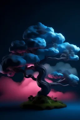 bonsai de nuvem hiper-realista, fundo azul escuro, luz rosada