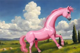 Big pink plastic toy horse.19th painting