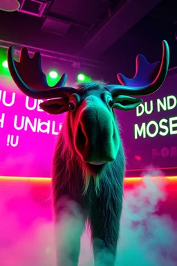 An big female moose with big eyes "Veronika Moser" performing at dance club, her name is "Moser" HAIRY FRUITS EVERYWERE On stage, Green Neon lights and smog, "DU UND ICH UND MOSER" big sign on the wall