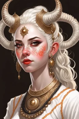 A teenage tiefling woman with a set of ram horns on her head encrusted with jewels, White-Blonde hair, black eyes, no pupils, dressed in white and gold with lots of jewelry