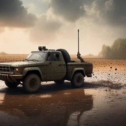 hyperrealistic shot, muddy military pickup truck, heavy guns mounted on back, monotone color palette, sharp focus, puddle reflection, tire water splash, refraction, mist on the horizon, shadowcast, god rays, detailed and intricate, cinematic composition, micro, tilt shift photography