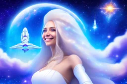 very beautiful cosmic women with white long hair, smiling, with cosmic dress and in the background there is a spaceship with light below and a bautiful sky with stars and light beam