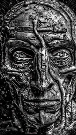 Bosch style painting , A balled face in details . The texture of the face is a collage of many 3D black random letters covering the whole face and the eyes are covered by caves figures