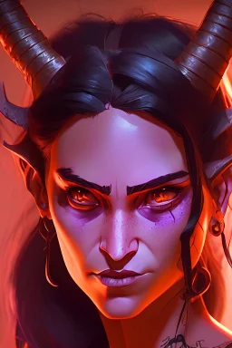 actress megan fox, purple skin, devil horns, pretty soft female face