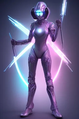 Full body, futuristic girl robot with 2 swords, night time, glowing purple armor, fighting pose, jumping high, glowing goggles