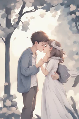 Cartoon painting girl kissing boy transparent fantasy