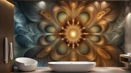 a big stunning fractal illustration with stepwise metalic colors on the wall in the luxury bath, hyperdetailed , natur lighting, intricate detailed, high focus, cinematic, stunning, photorealistic