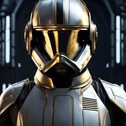 star wars bald male corellian pilot wearing pearlescent black and gunmetal grey First Order special forces heavy assault armor and helmet with gold trim inside the jedi temple, centered portrait, hyperdetailed, dynamic lighting, hyperdetailed background, 8k resolution, volumetric lighting, light skin, fully symmetric details