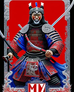 Samurai man intricate ink art hyper-detailed full frontal view maximalist red blue legs 4k