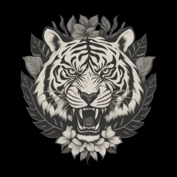 The picture is a black and white image of a tiger's head. The tiger has its mouth open and is showing its teeth. There are some leaves and a flower around the tiger's head. The image is on a white background.. Vintage T Shirt Design And Vector Illustration.Vector t shirt design on a white background