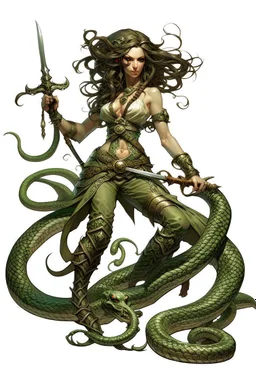 detailed persona, female, sword in hand, gorgon medusa, half turn, full height, leans on one leg, snakes on the head instead of hair