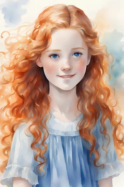 water-color artwork of a thirteen-year-old girl with pale blue eyes, she has long and wavy orange hair, her skin is luminous and her features delicate, she is standing under sunlight and smiling, wearing a blue dress