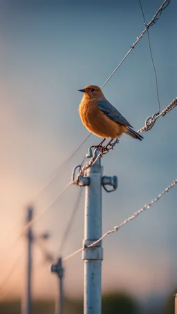 bird sitting on the power line, a bird so fat that the powerlines strech to the ground and power poles bend,bokeh like f/0.8, tilt-shift lens 8k, high detail, smooth render, down-light, unreal engine, prize winning