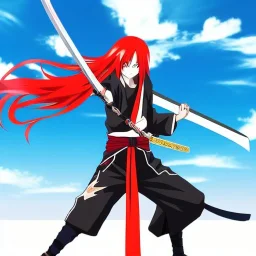 A Young badass adult with long red hair holding a visible perfect katana with one arm in a fighting stance against an enemy and the other arm raised with one finger up surrounded by the spiritual pressure ANIME BLEACH lOGO by Tite Kubo