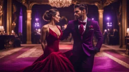 Hyper Realistic Handsome-Muscular-Man-Wearing-Red-Velvet-Tuxedo Dancing with a Beautiful-Girl-Wearing-Purple-Velvet-Gown with dinner-setup at night with dramatic-&-cinematic-ambiance