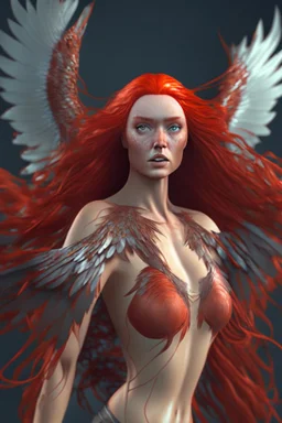 Full body realistic photo of stunning beauty woman royal phoenix woman with long red hair fluttering in the wind and scaly wings, minimal clothing, extremely muscular, dynamic pose, perfect detailed face, detailed symmetric hazel eyes with circular iris, realistic, stunning realistic photograph, 3d render, octane render, intricately detailed, cinematic, trending on artstation, Isometric, Centered hipereallistic cover photo, awesome full color, hand drawn, dark, gritty, mucha, klimt, erte 12k,