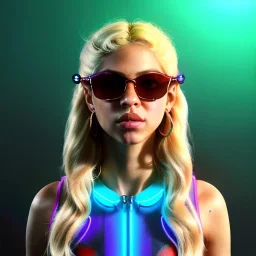 Shakira, artist, 30 years old, Realistic image, waist up portrait, etro style dress, oversized . Gucci sunglasses. Blonde, loose long hair, eyes make up, perfect, glow, circle iris. Neon colors, leds. Cyberpunk. concept art, smooth, unreal engine 5, god lights, ray tracing, RTX, lumen lighting, ultra detail, volumetric lighting, 3d, finely drawn, high definition, 4k.