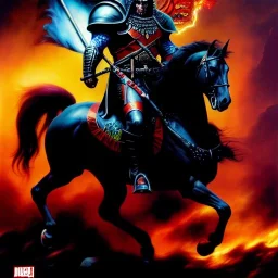 portrait oil on canvas, Death Dealer riding black horse ,shield,comic book cover, mystical colors,insanely detailed,realistic,intrincate detail, 16k resolution, masterpiece,Frank Frazetta,Alex Horley, Simon Bisley,Oscar chichoni