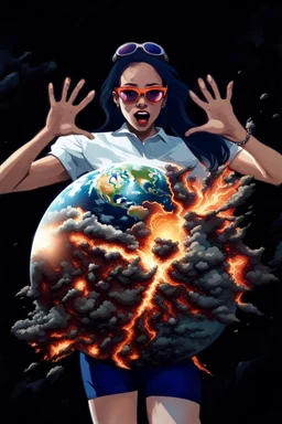 An image of a young woman with a surprised expression, holding her hands up as if she is reacting to a catastrophic event in front of her. She is wearing a white blouse with detail, blue shorts, and sunglasses pushed up onto her head. In front of her, there is a highly detailed planet resembling Earth, dramatically cracking and breaking apart with fiery explosions and molten lava visible at the fractures. Debris is flying outward from the planet. The background is a plain, solid color to emphasi