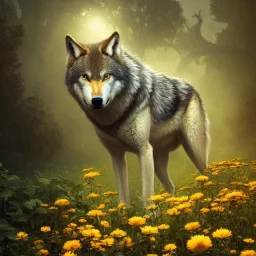 a wolf standing among flowers, sunlit, flickering light, stunning, beautiful, sharp, crisp, 8k resolution, centered, high-quality, ultrafine-detail, digital art, detailed matte, volumetric lighting, illustration, 3D octane render, brian froud, howard lyon, ben goossens, George Grie, alphonse mucha