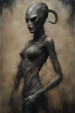 gallery level art, surreal, Muted palette textured oil painting in the style of Jarek Kubicki, Hieronymus Bosch, H. R. Giger, Brian : snake. full body. surrealism. mystery mood. very detailed. sand. stains, splashes. oil paints on cracked canvas. dramatic painting effects. biomechanik. dystopic. dark enviroment. horror, science fiction, depression. postapocalypse. nebular. blood, flesh, guts. amazing depth. intricately detailed, bokeh, perfect balanced, deep fine borders. biomechanik. BDSM. Punk