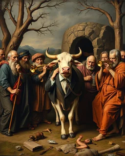 Bosch painting style ,nightmare, a group of people from the 2nd century stoning a cow wearing a suit and playing the trumpet