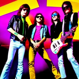 the coolest rock n roll band ever, bright colors, neon lights