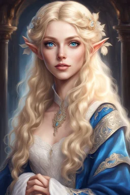 twenty four years old elf girl, blue eyes, blond hair, dressed in aristocratic robes