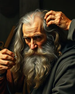 Bosch painting style ,nightmare, a barber kitting a the hair of an old man with long hair and beard from the the 7th century