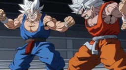 High quality medium shot of Senator Armstrong getting repeatedly punched by Goku, epic, buff, standing, rooftop, dust