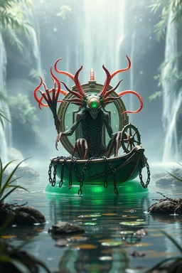 action figure of a glossed an transparent chained and crucified alien necrophyte electric illithid necromancer on round swamp transparent glass obcidian boat beholder eye wheel throne in a charged foggy jungle starry waterfall, blur background to make character pop out