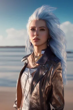 half body shot,realistic portrait of a 20-25 old caucasian model, long blue pink flowing hair, great grey eyes, blue leather jacket,full body, short white skirt,long legs,standing at beach of very nive lake with sunset ,clouds,godrayes