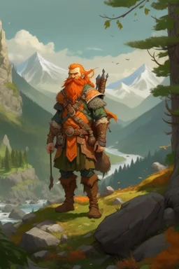 Realistisches Bild von einem DnD Charakters. Männlicher Zwerg mit orangenen Haaren. Er steht im Wald mit Bergen im Hintergrund. Er ist ein Jäger.