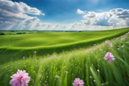 a big dance grass field in country side environment ,green field ,flowers , at distance,blue sky pretty clouds ,camera looking at horison