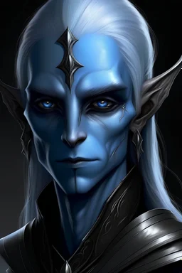 A dark elf with light blue eyes