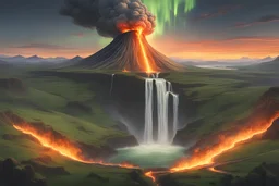 big waterfall with green fields, northern lights, and a volcano in fire in the background