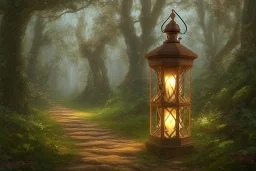 wooded forest stone path lantern