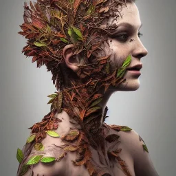 Queen body of leaves and gnarled branches extending past face and morphing into reality, color tattoo, 8k resolution, high-quality, fine-detail, intricate, digital art, detailed matte, volumetric lighting, illustration, octane render