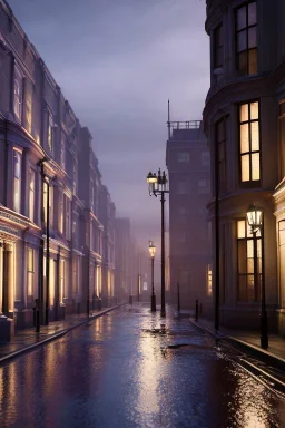 London street at night, many houses, wet ground, pole with round light