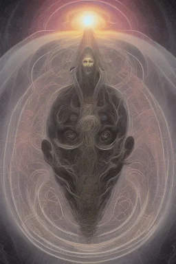 Spiritual being with Tentacles over human Head creating reality around, wrapping Spiral around Human, Psychedelic