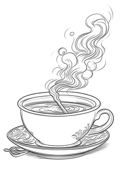 Outline art for coloring page, A JAPANESE CHAWAN TEACUP. A SHORT LIT CIGARETTE JOINT ON THE SAUCER. WHISPS OF SMOKE, coloring page, white background, Sketch style, only use outline, clean line art, white background, no shadows, no shading, no color, clear