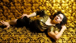 Woman lying on a golden ornate surface, with a patterned background