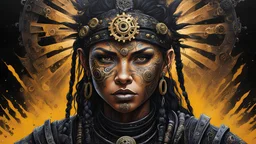 acrylic illustration, acrylic paint,WOMAN, Post-apocalyptic veteran tribal warrior survivor A surviving post-apocalyptic veteran tribal warrior with golden tattooed skin and scars, with black armor and gears, covered in dust, highly detailed, vibrant and intricate facial details, eyes that catch reflections of light, facial features that exude complexity. In the background apocalyptic scenario, intricate black liquid, dark ambient. Fascinating highly detailed HDR, vibrant and vivid colors